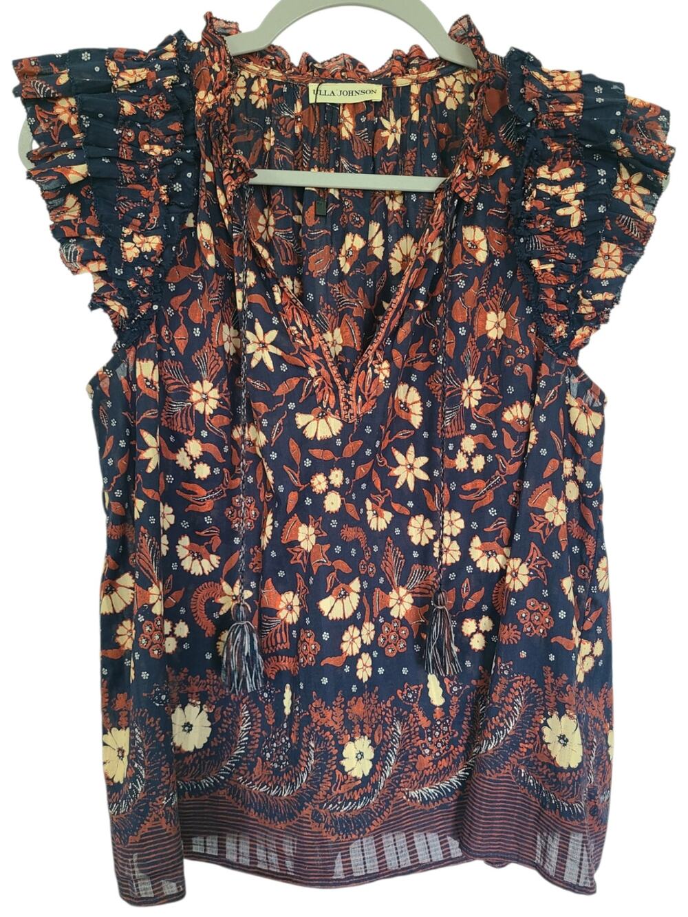 Ulla Johnson Iris Top in Midnight Floral Boho Ruffle V-Neck Cotton Blouse Size 2